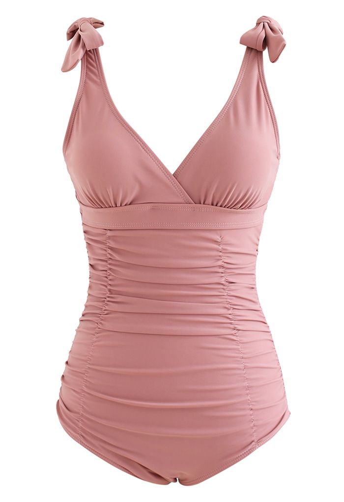 Lace-Up Back Ruched Swimsuit in Dusty Pink