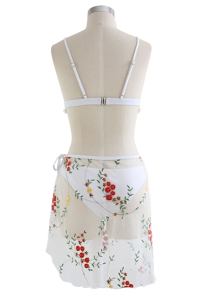 Pom-Pom Trim Embroidered Bikini Set with Sarong