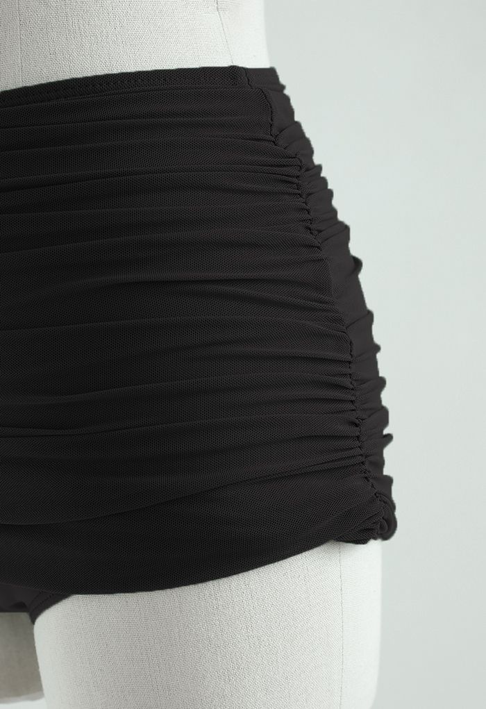 Ruched Mesh Cold-Shoulder Bikini Set in Black