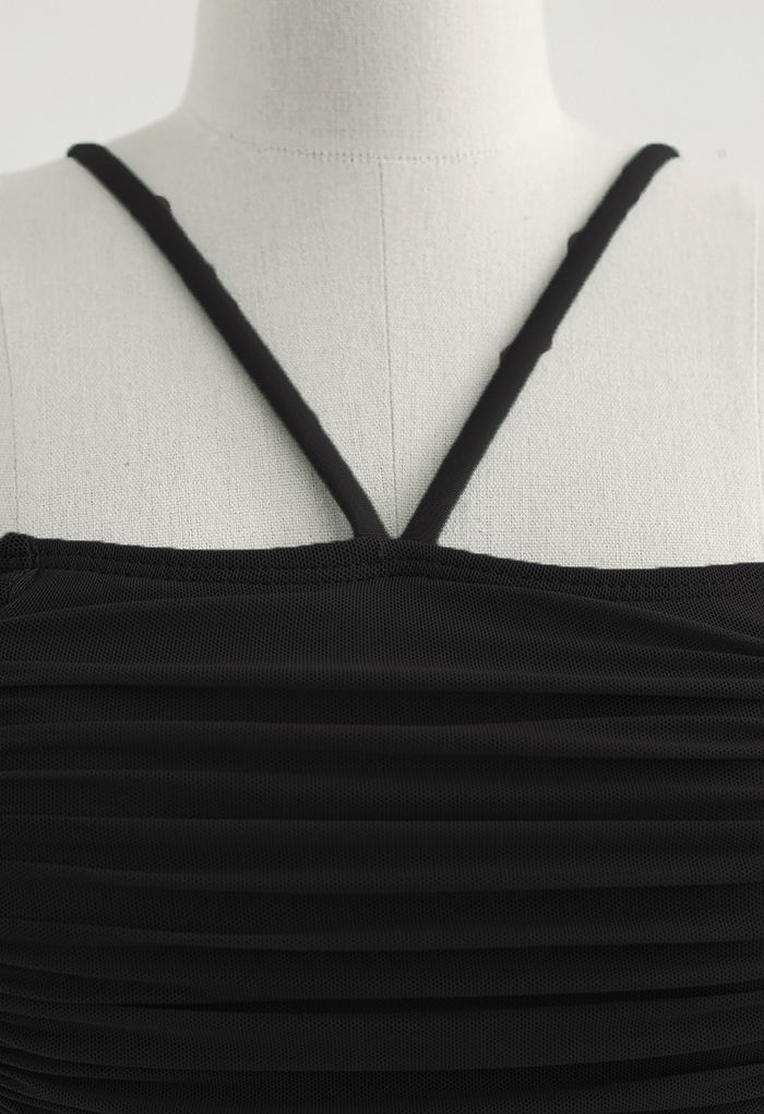 Ruched Mesh Cold-Shoulder Bikini Set in Black