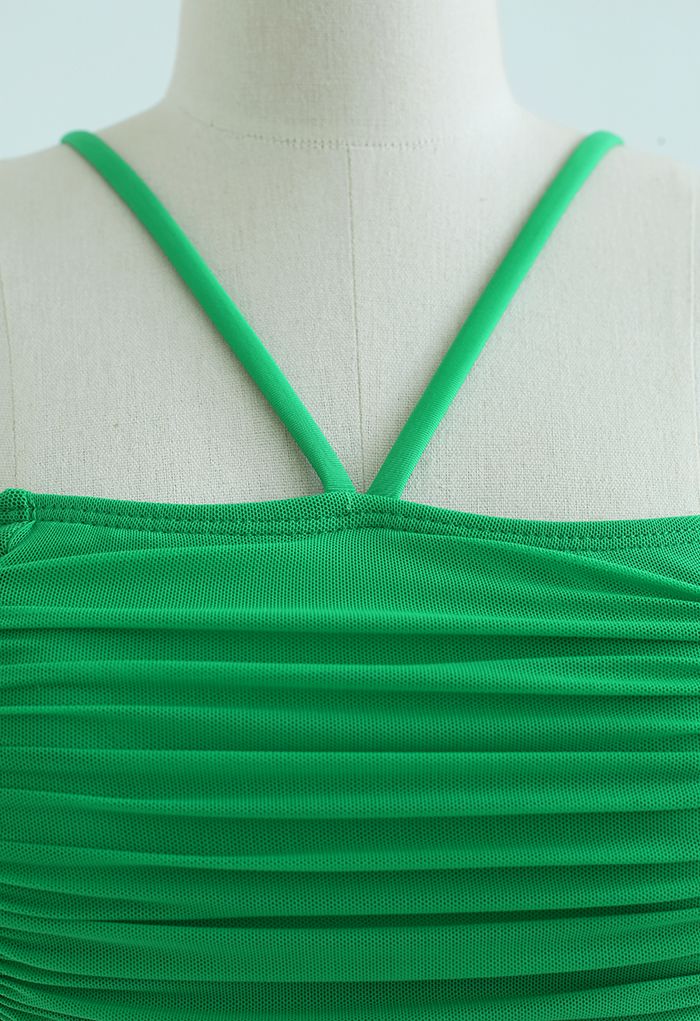 Ruched Mesh Cold-Shoulder Bikini Set in Green