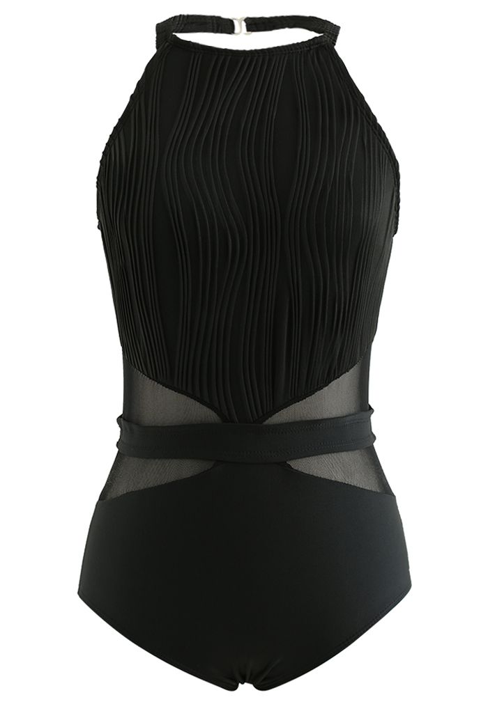Pintuck Decor Mesh Spliced Swimsuit in Black