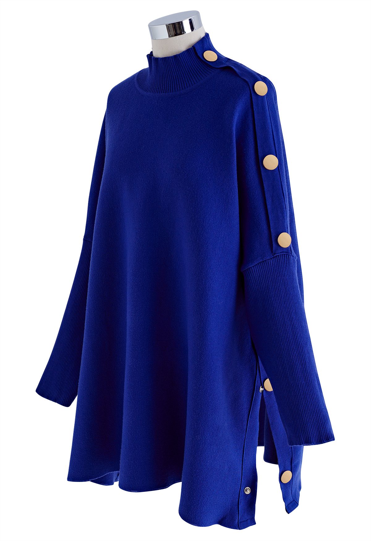 Side Buttoned Flap High Neck Knit Poncho in Indigo