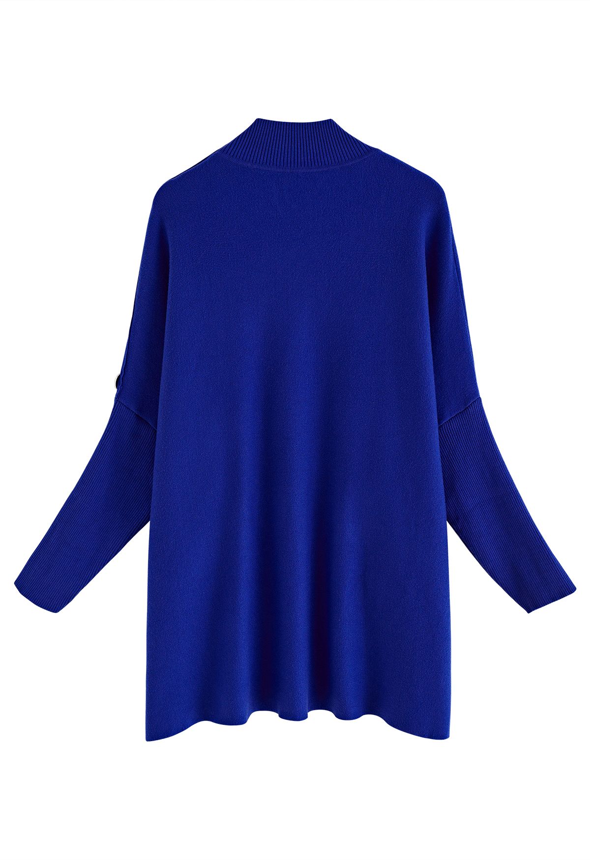 Side Buttoned Flap High Neck Knit Poncho in Indigo