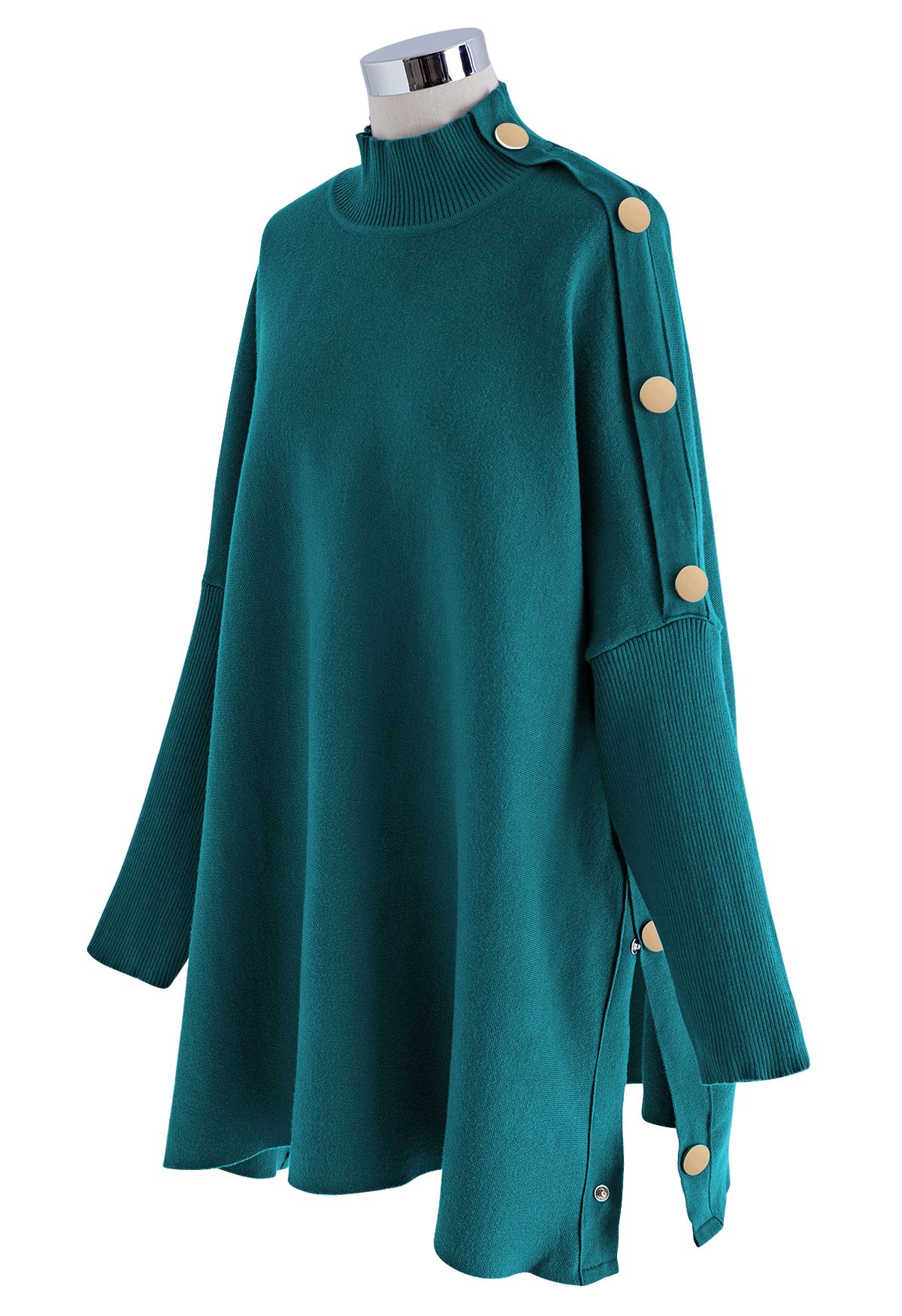 Side Buttoned Flap High Neck Knit Poncho in Turquoise