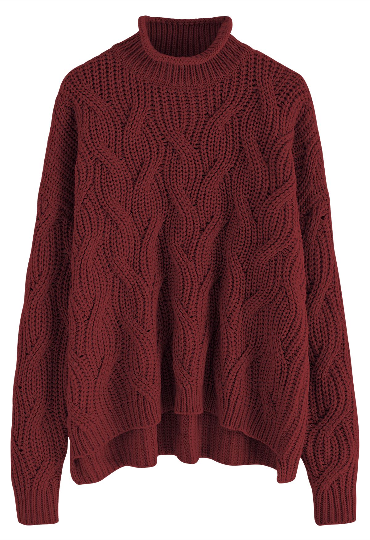High Neck Hi-Lo Braided Chunky Knit Sweater in Burgundy