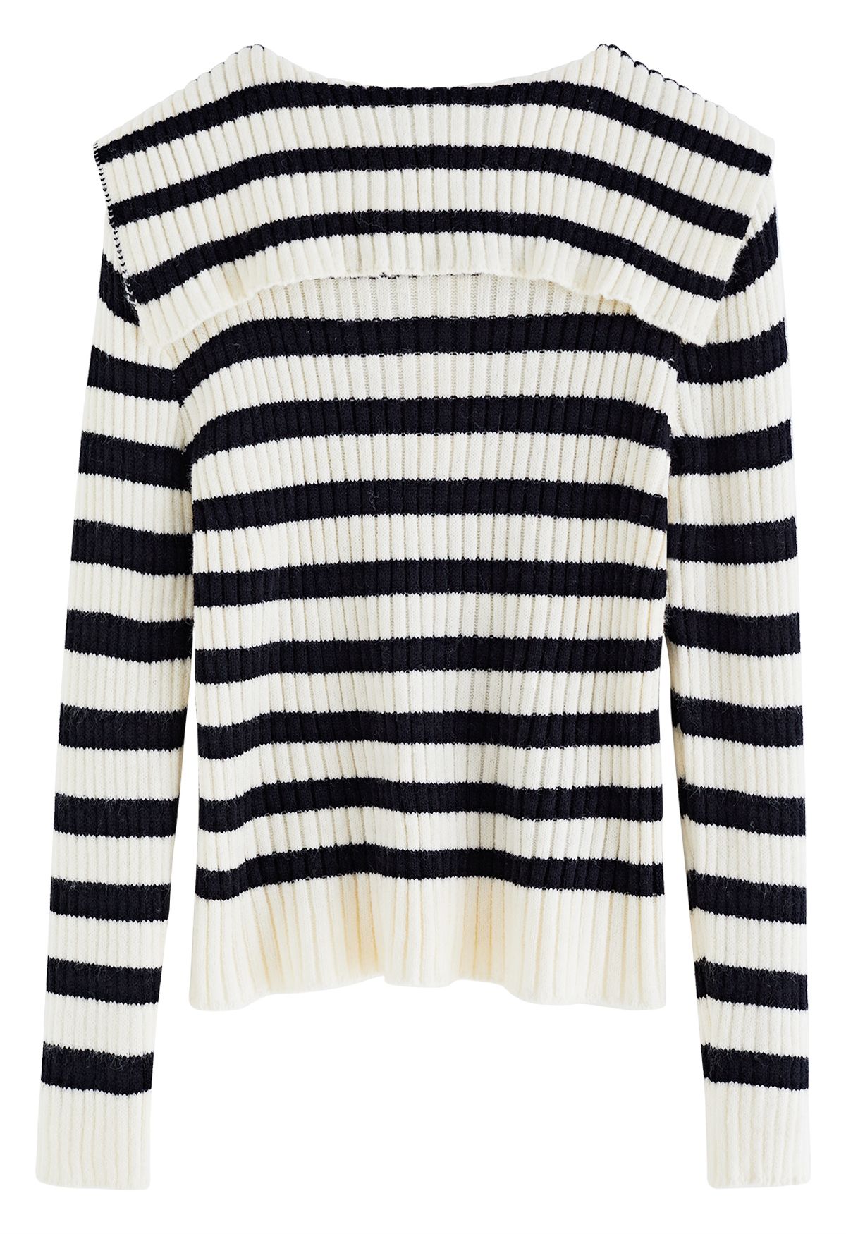 Flap Collar Striped Knit Sweater in Cream
