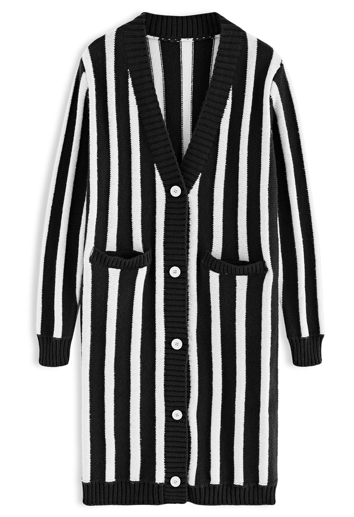 Striped Button Down Longline Cardigan in Black
