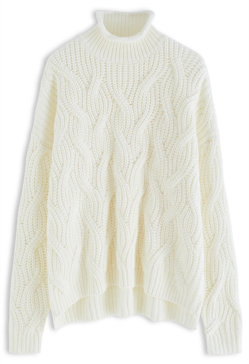 High Neck Hi-Lo Braided Chunky Knit Sweater in Ivory - Retro, Indie and ...