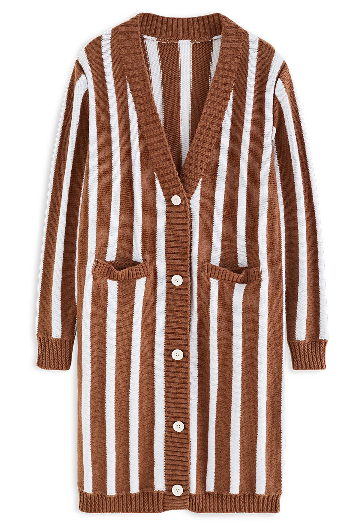 Striped Button Down Longline Cardigan in Caramel