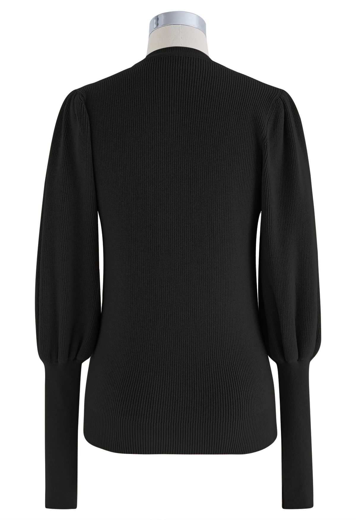 Bubble Sleeves Button Trimmed Knit Top in Black