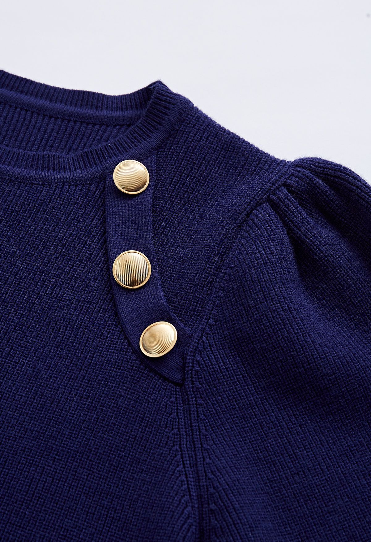 Bubble Sleeves Button Trimmed Knit Top in Navy