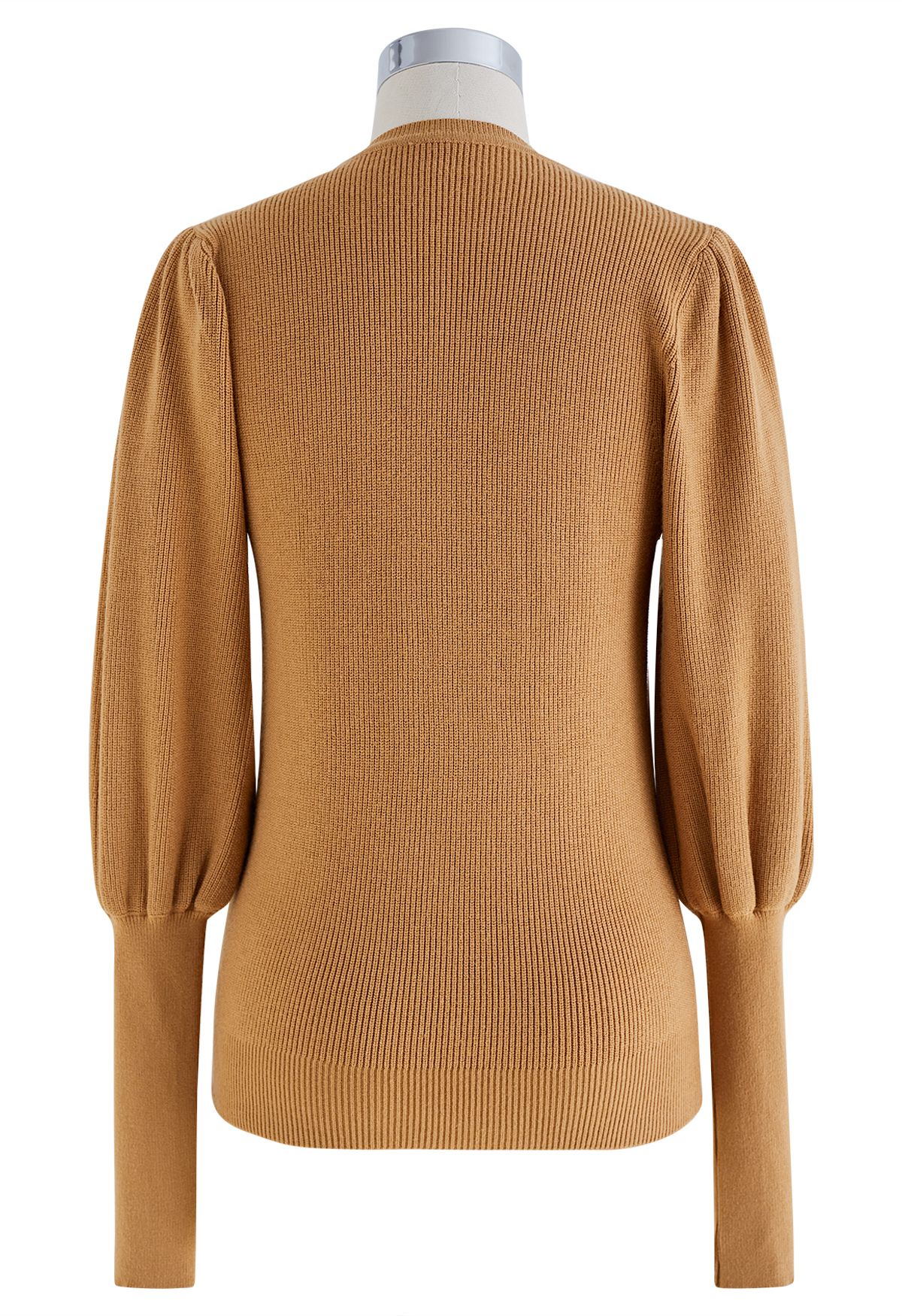 Bubble Sleeves Button Trimmed Knit Top in Tan