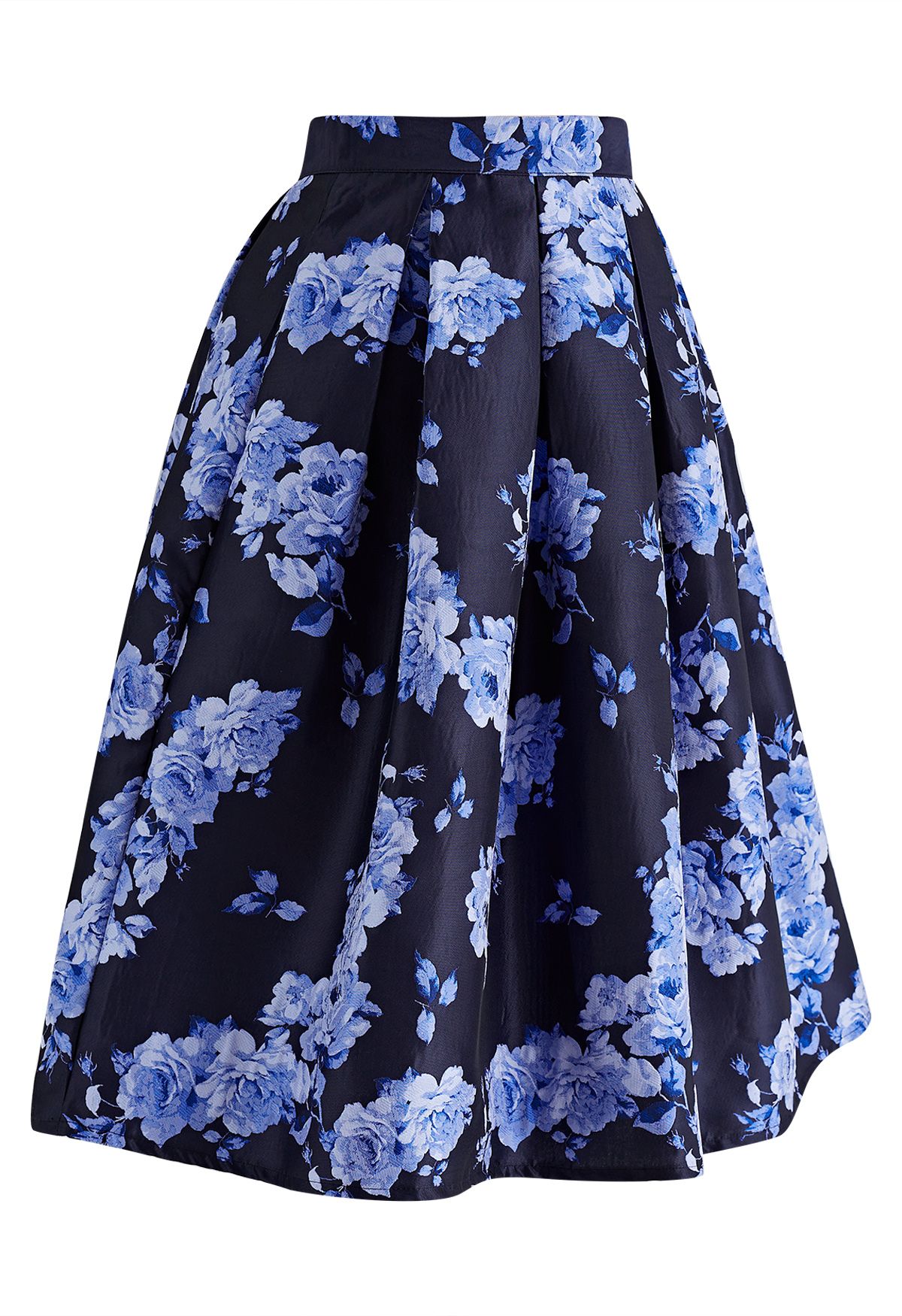 Midnight Blossom Blue Peony Jacquard Pleated Midi Skirt - Retro, Indie ...