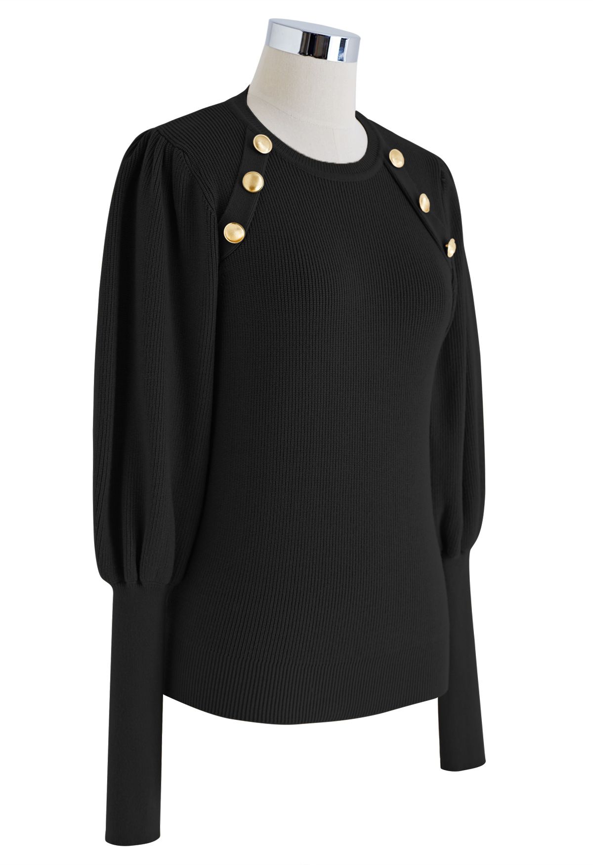 Bubble Sleeves Button Trimmed Knit Top in Black - Retro, Indie and ...