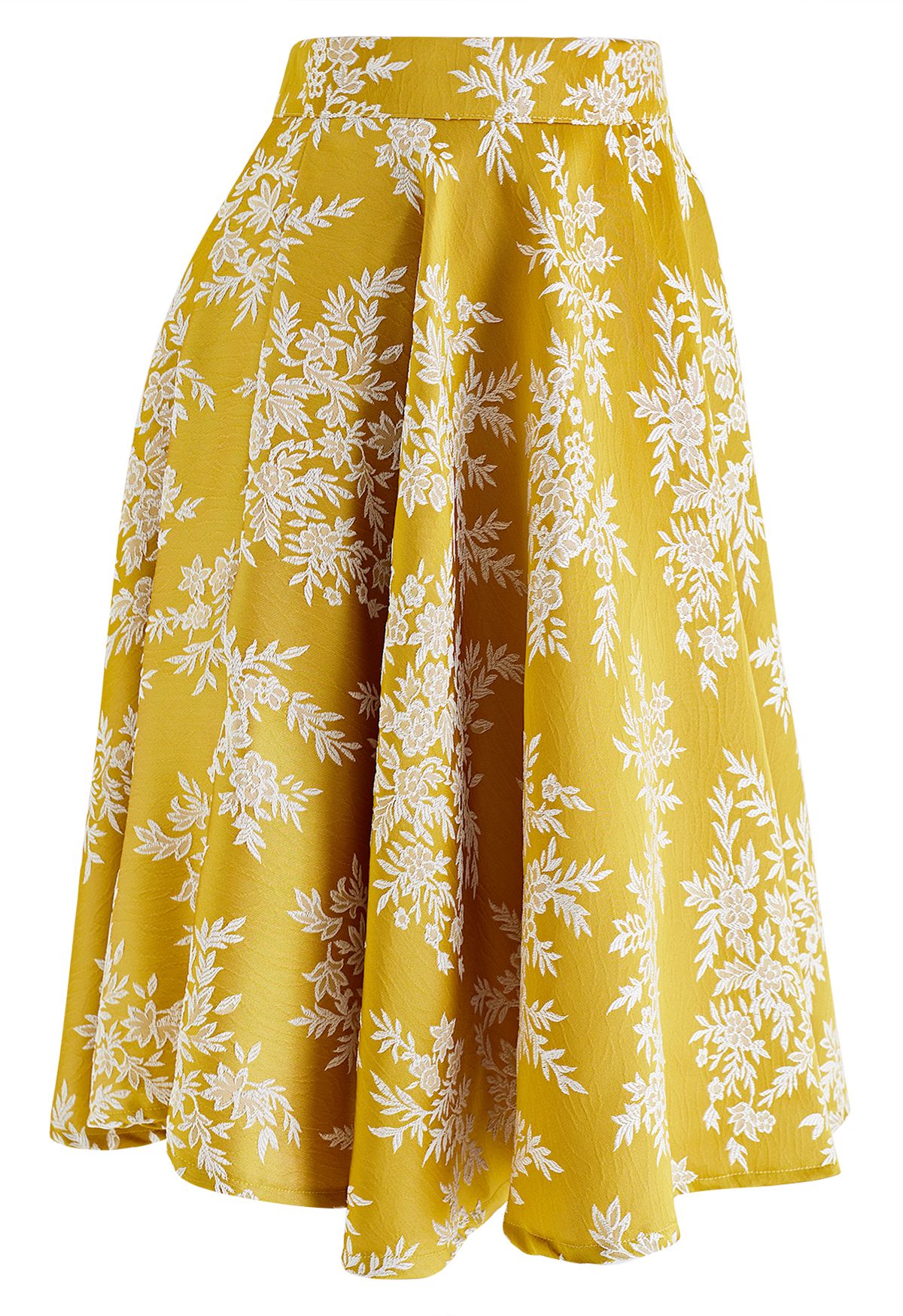 Botanical Jacquard Embroidered Embossed Midi Skirt in Mustard - Retro ...