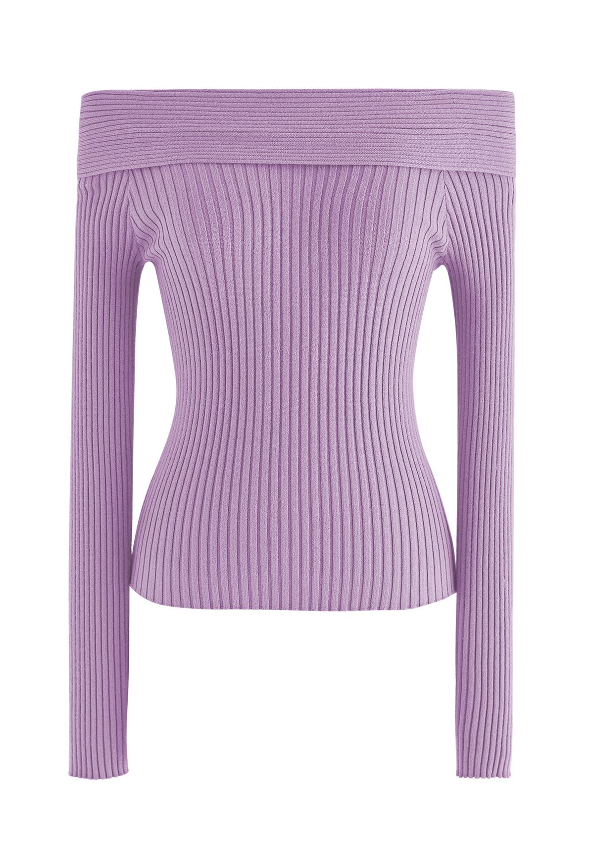 Courtly Off-Shoulder Crop Knit Top in Lilac