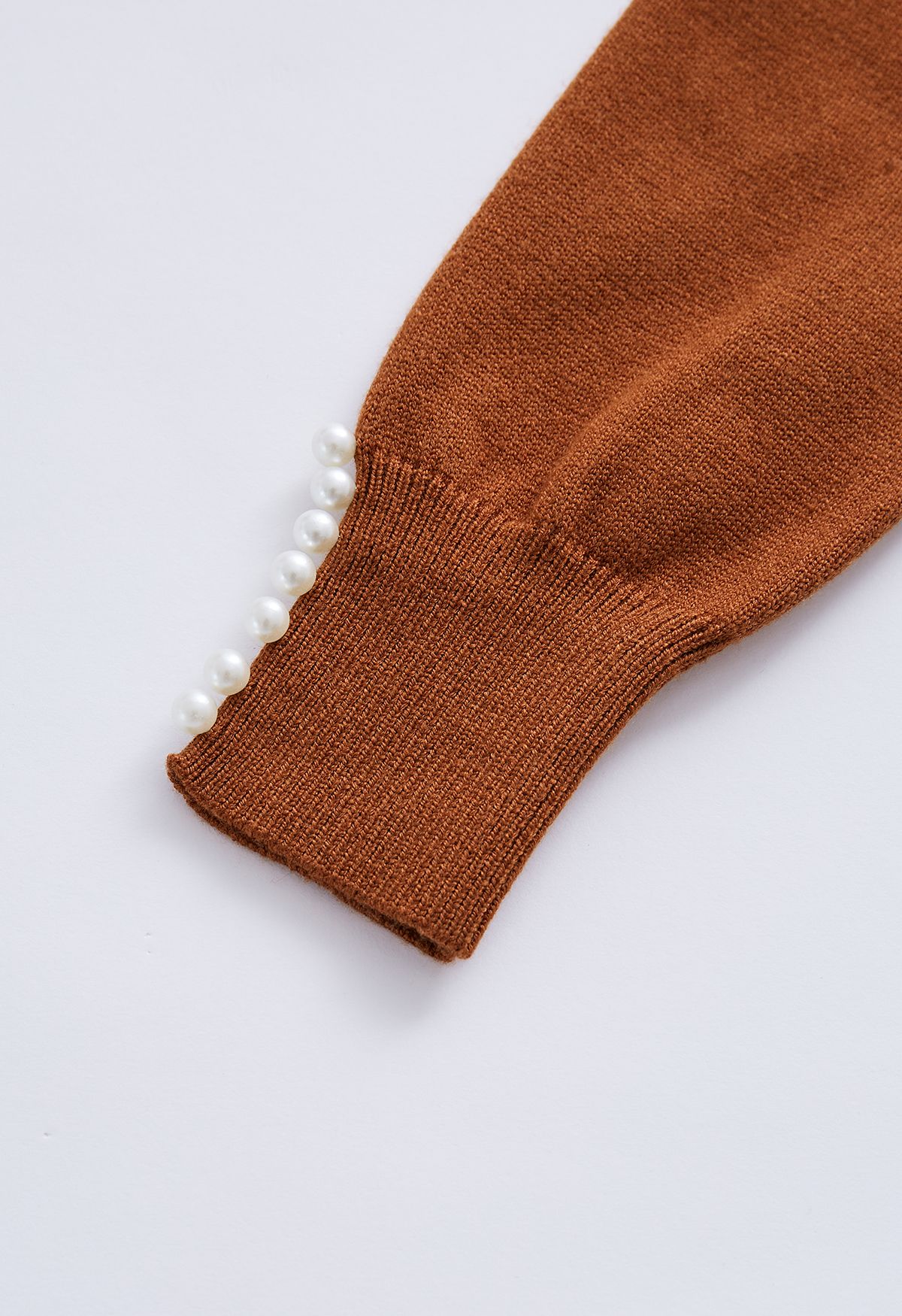 Pearl Trimmed Soft Knit Top in Caramel