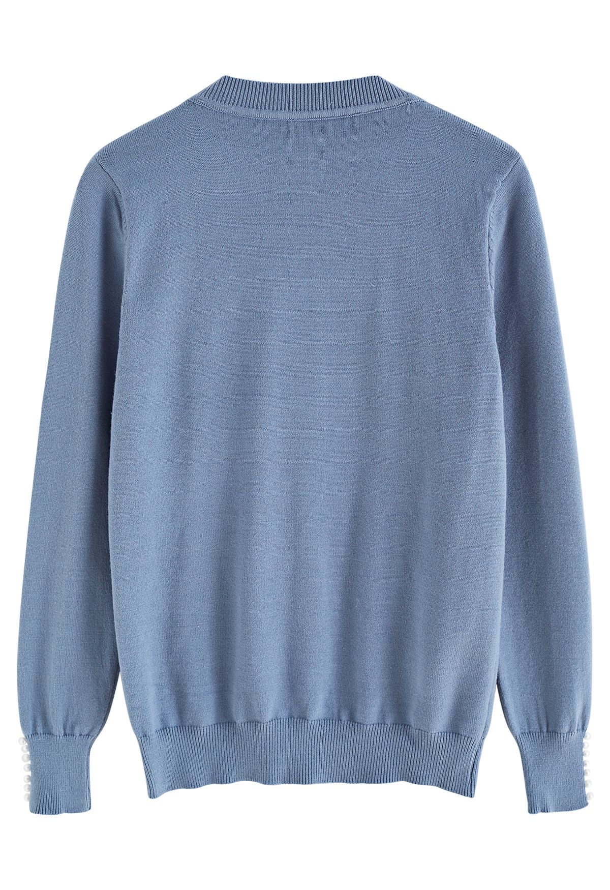Pearl Trimmed Soft Knit Top in Dusty Blue