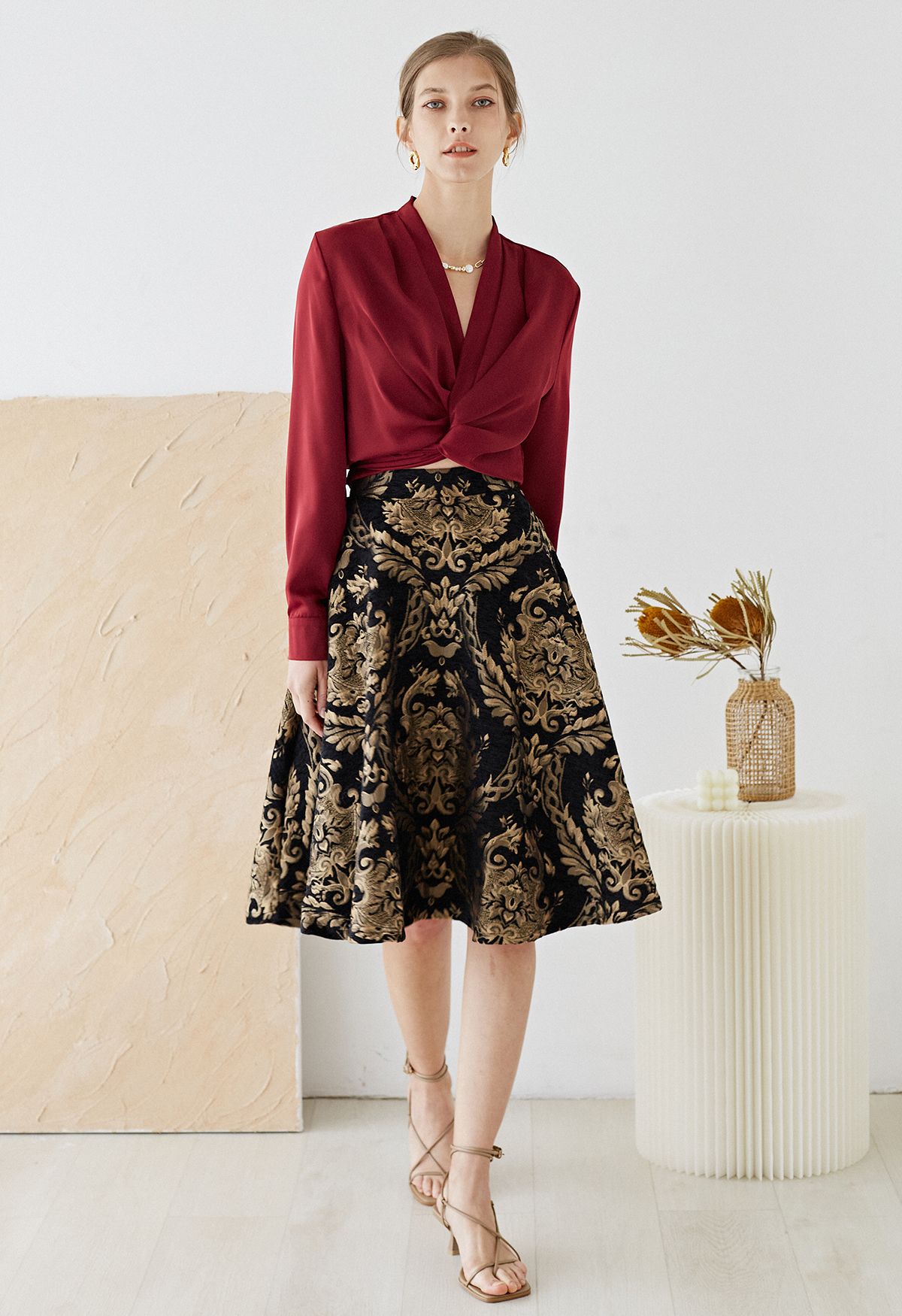 Golden Bouquet Jacquard Midi Skirt - Retro, Indie and Unique Fashion