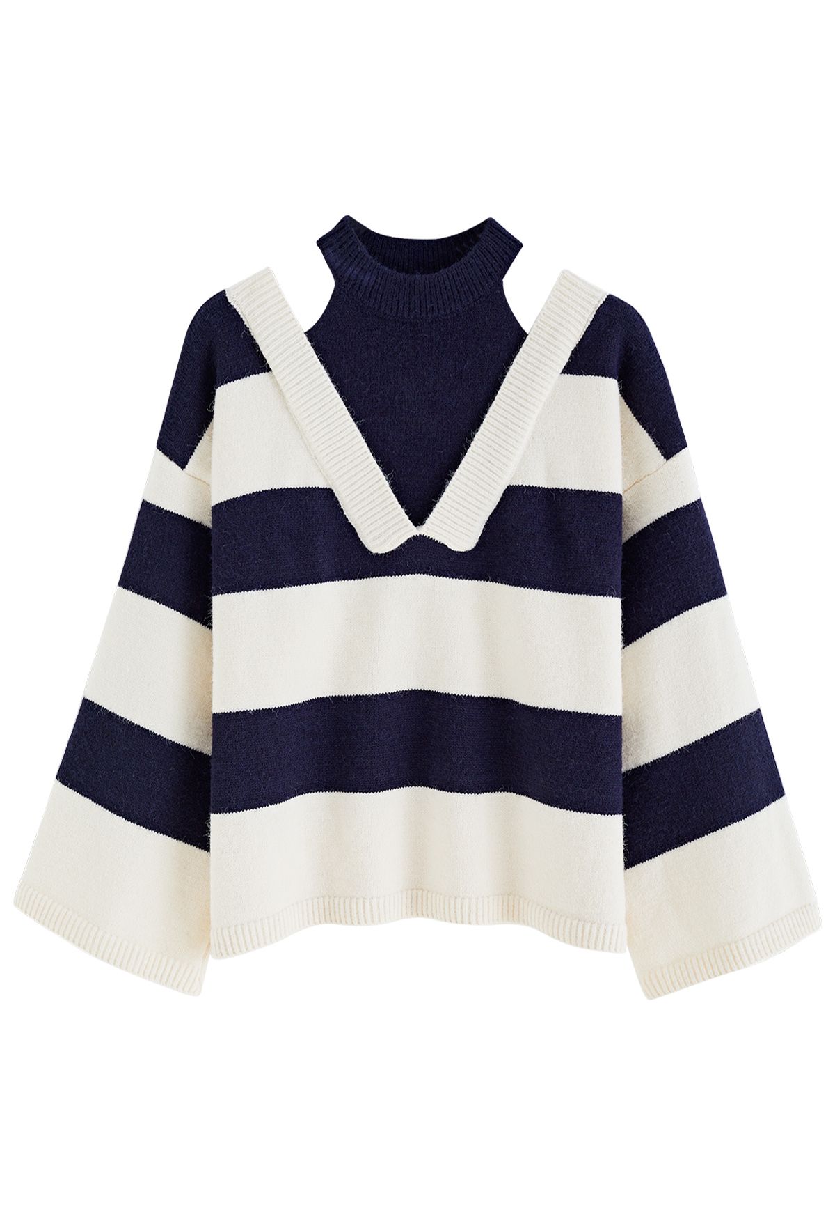 Fake Two-Piece Cold-Shoulder Striped Sweater in Navy