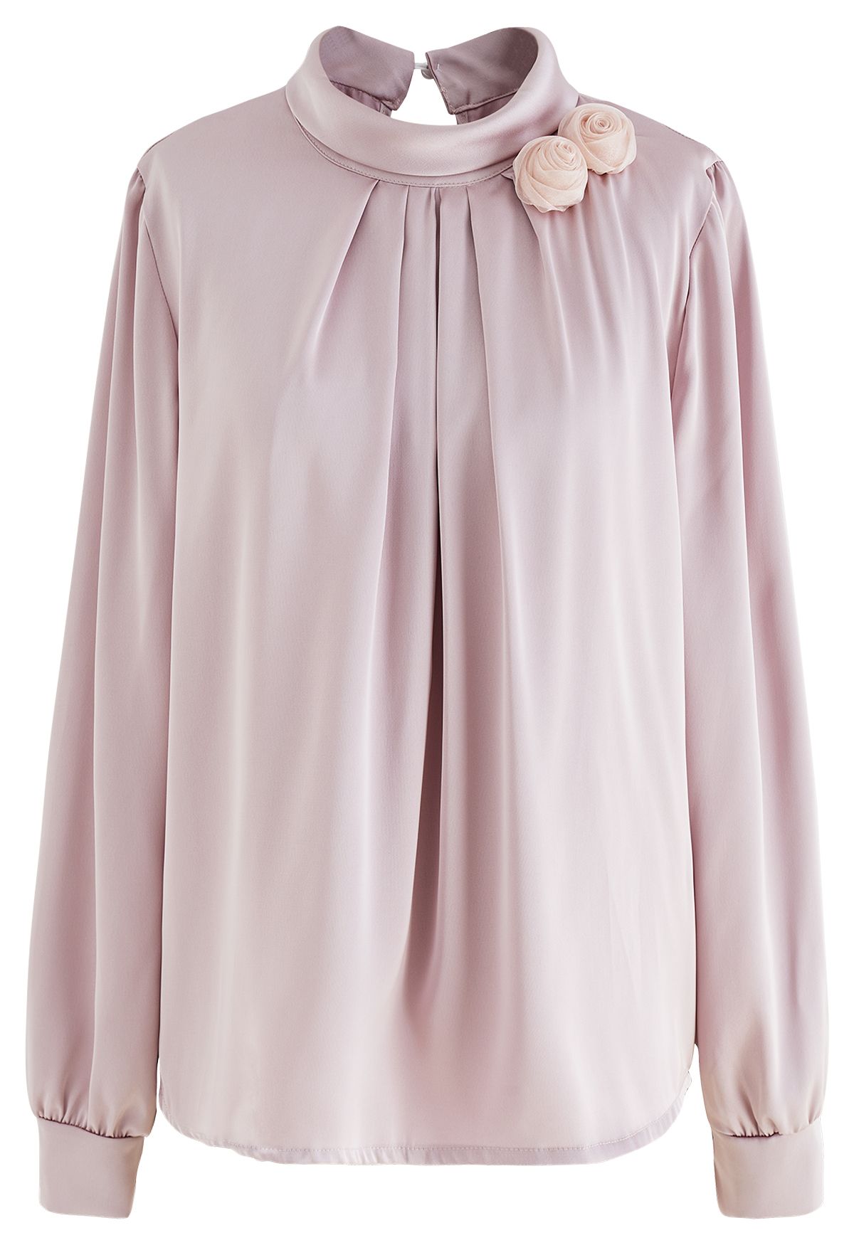 Rose Brooch Mock Neck Satin Shirt in Pink - Retro, Indie and Unique Fashion