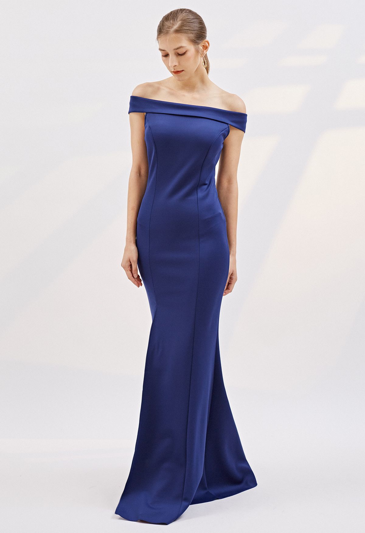 Folded Off-Shoulder Slit Mermaid Gown in Navy - Retro, Indie and Unique ...