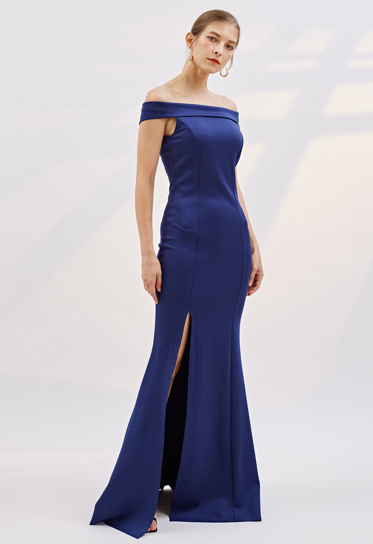 Folded Off-Shoulder Slit Mermaid Gown in Navy - Retro, Indie and Unique ...