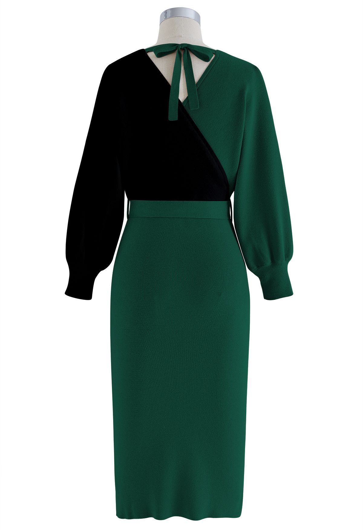 Tie Bow Two-Tone Knit Wrap Midi Dress in Dark Green - Retro, Indie and ...