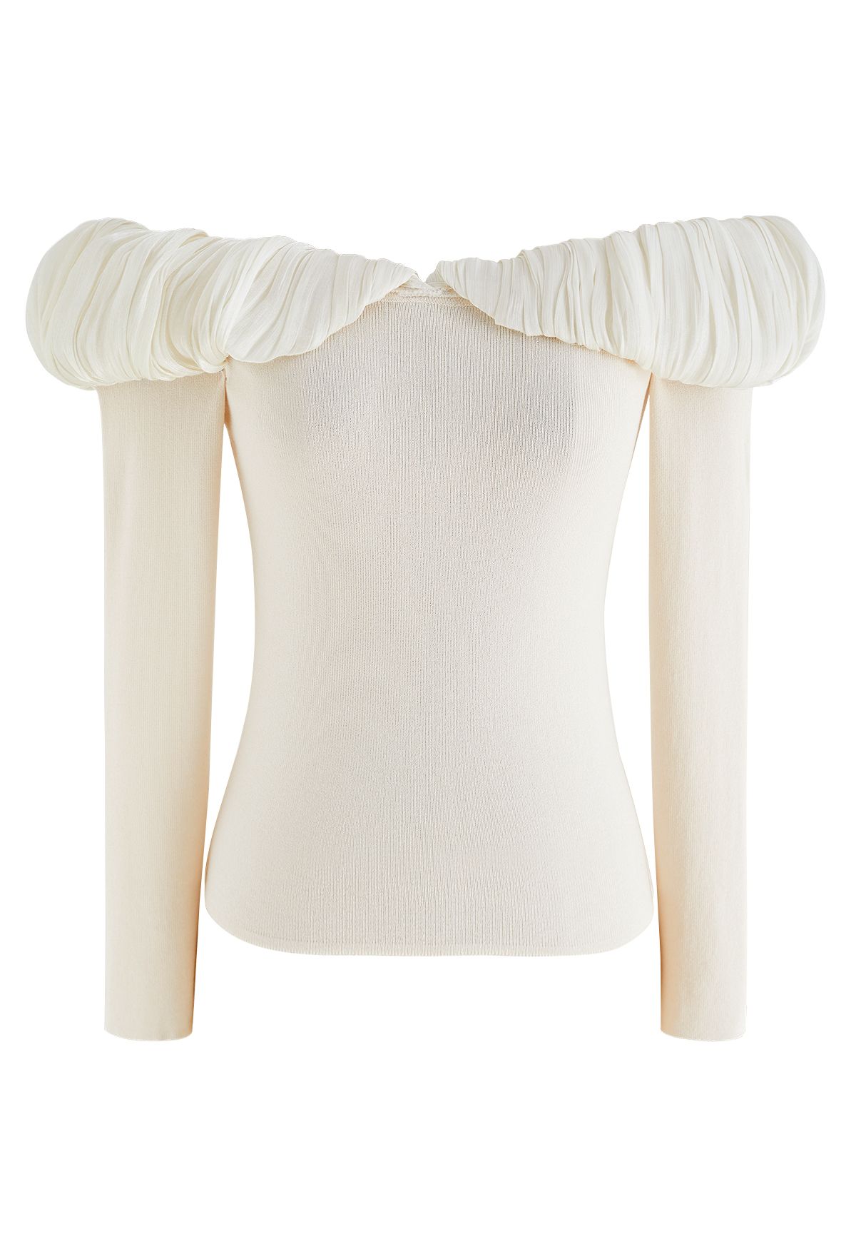 Spliced Ruched Off-Shoulder Knit Crop Top in Cream