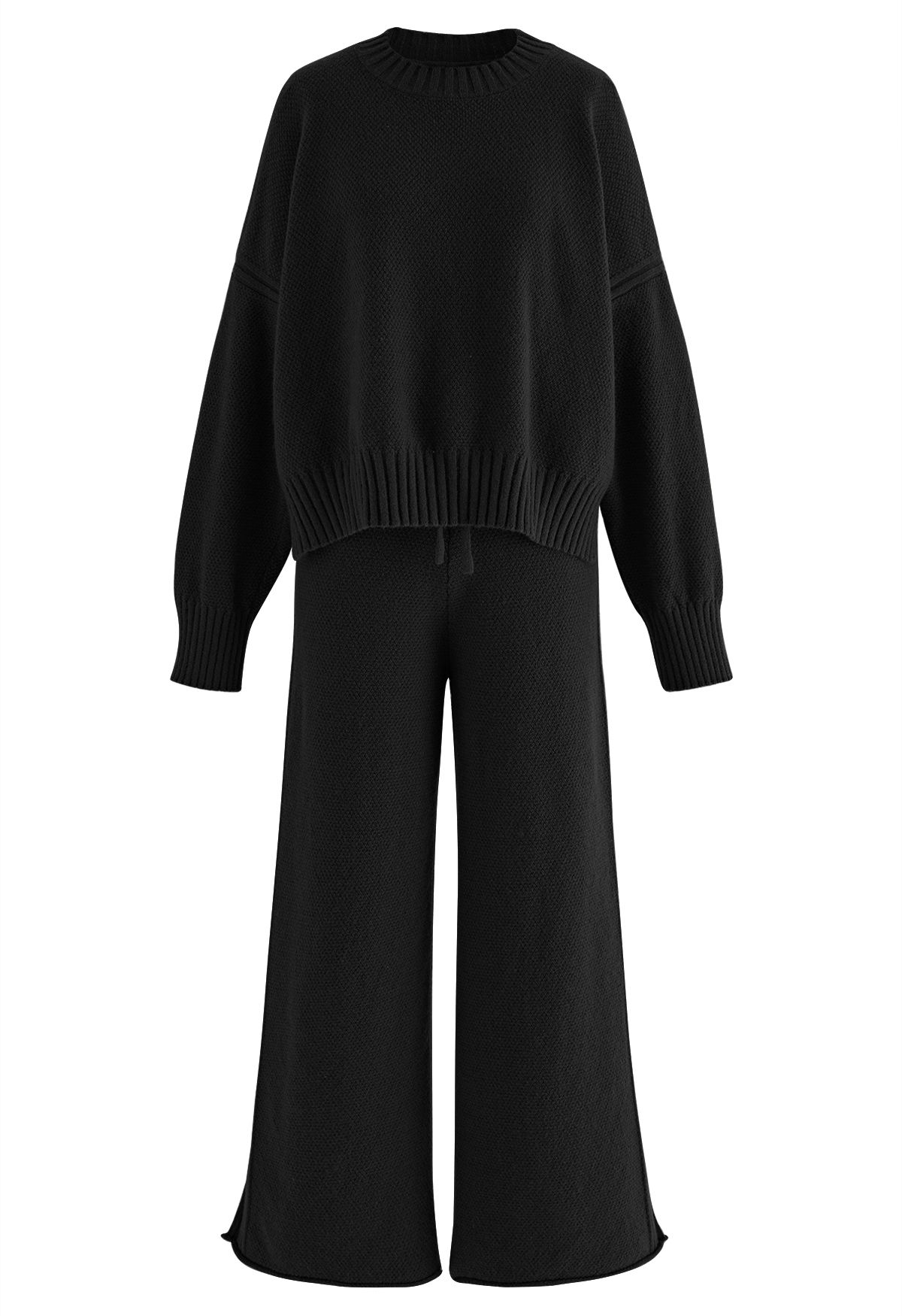 Waffle Knit Hi-Lo Sweater and Wide Leg Pants Set in Black - Retro