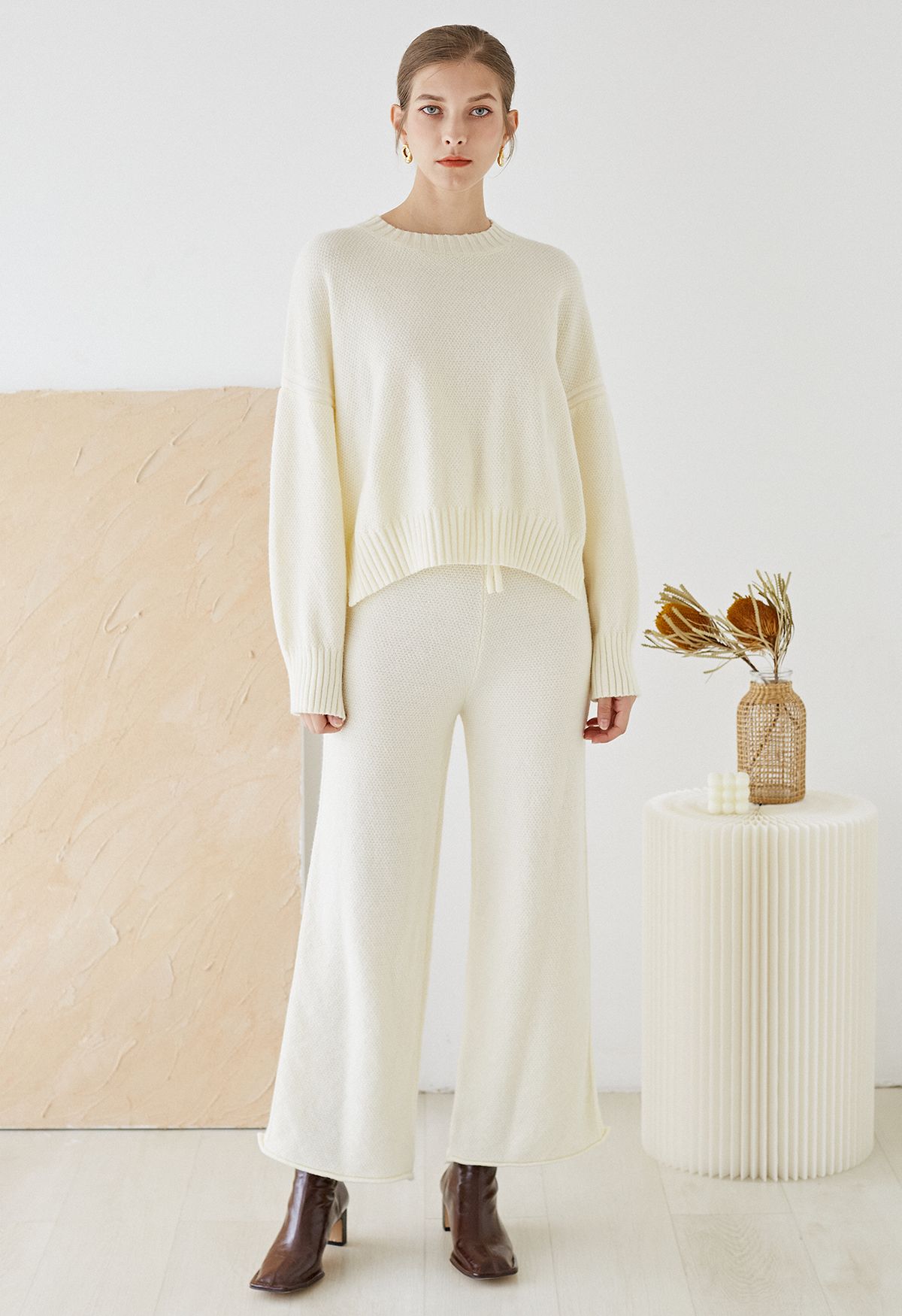 Waffle Knit Hi-Lo Sweater and Wide Leg Pants Set in Cream - Retro ...
