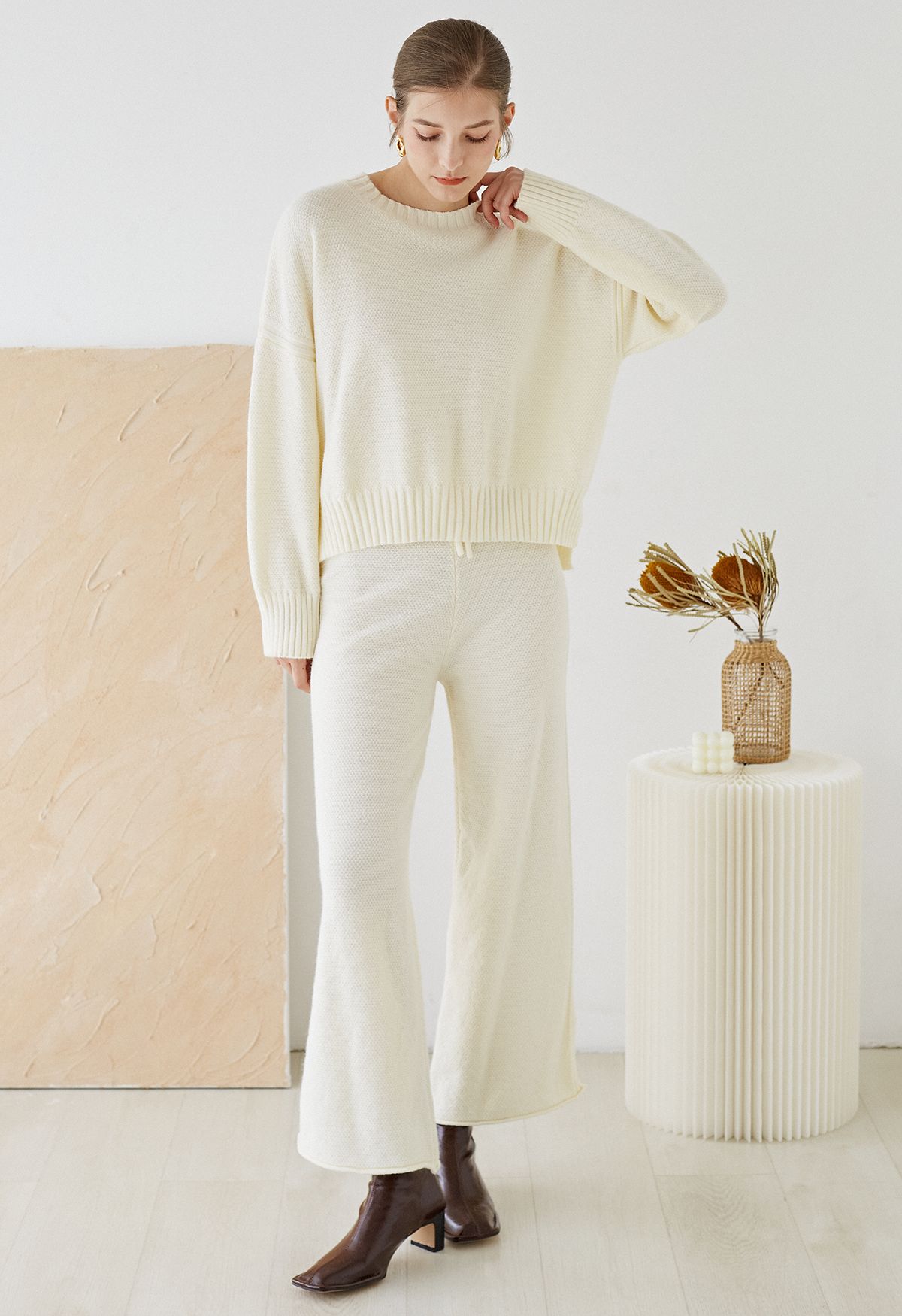 Waffle Knit Hi-Lo Sweater and Wide Leg Pants Set in Cream - Retro, Indie  and Unique Fashion