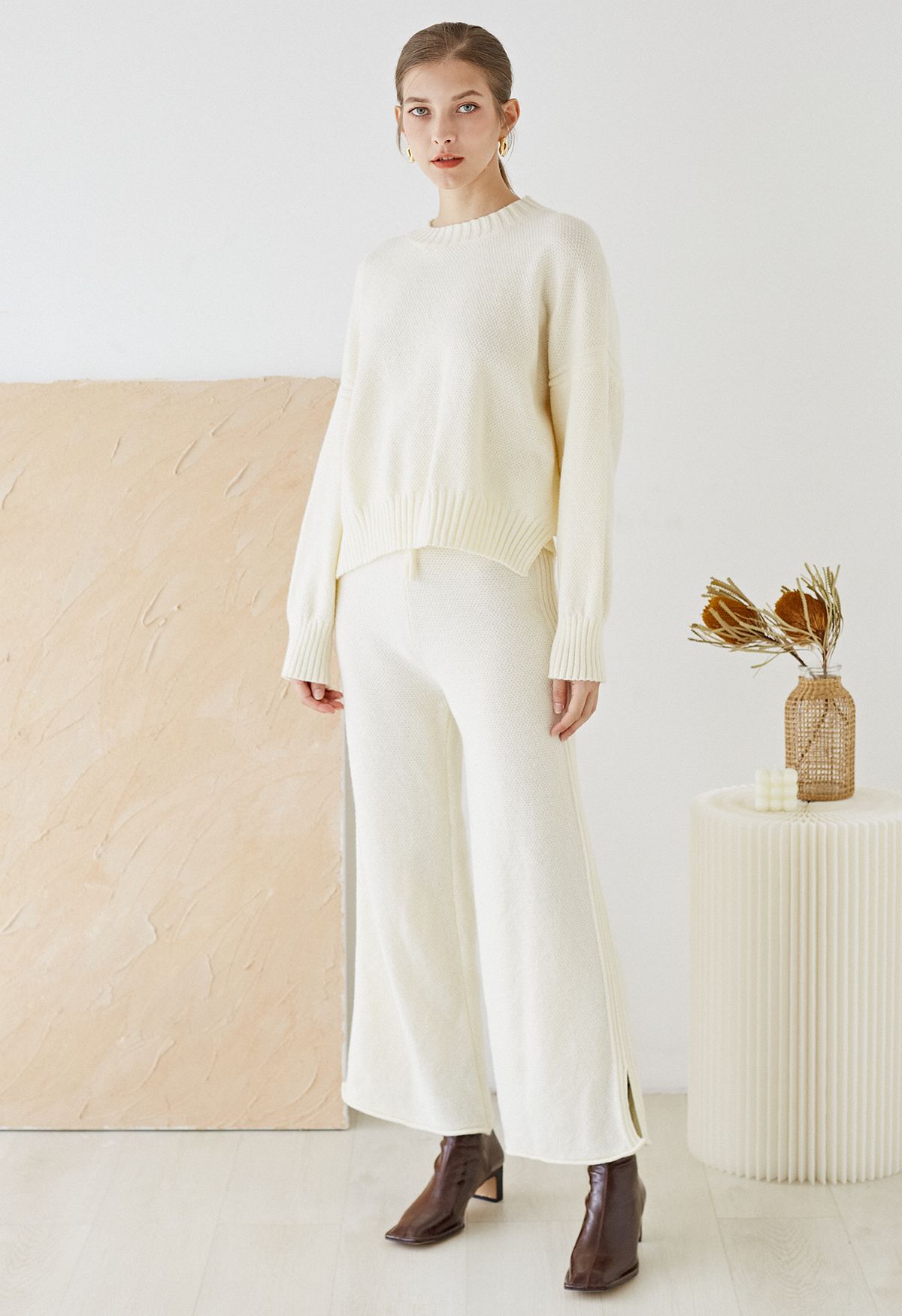 Waffle Knit Hi-Lo Sweater and Wide Leg Pants Set in Cream - Retro, Indie  and Unique Fashion