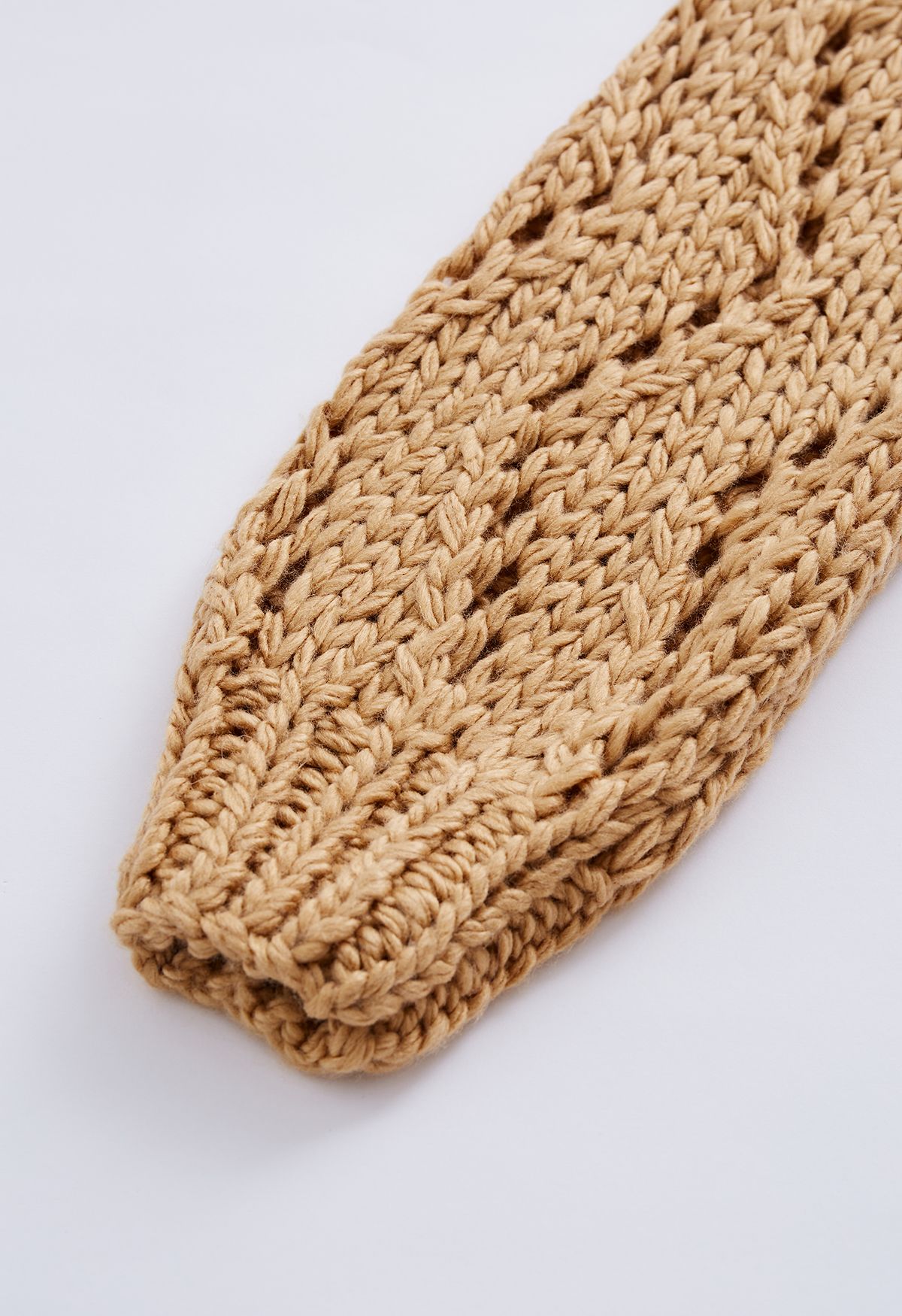 Pointelle Sleeve High Neck Hand-Knit Sweater in Tan