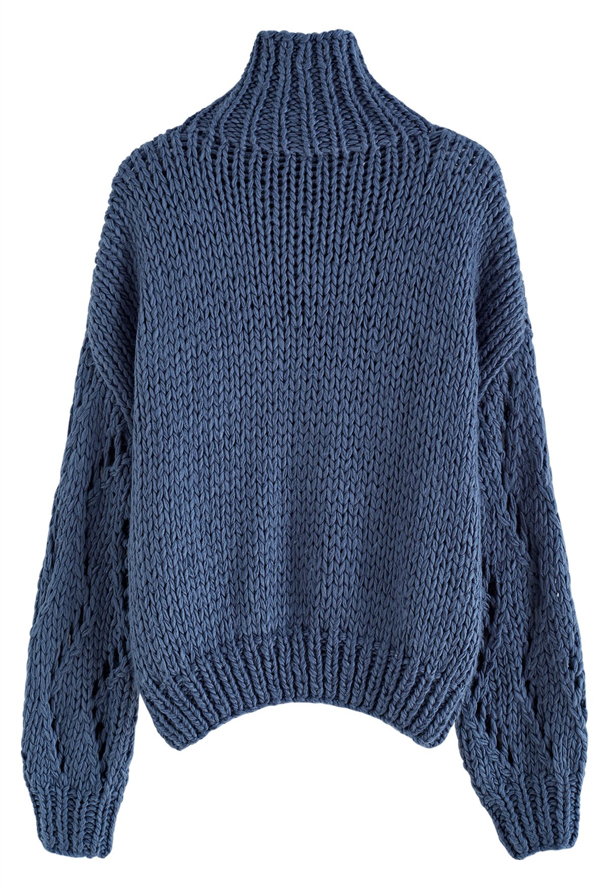 Pointelle Sleeve High Neck Hand-Knit Sweater in Dusty Blue