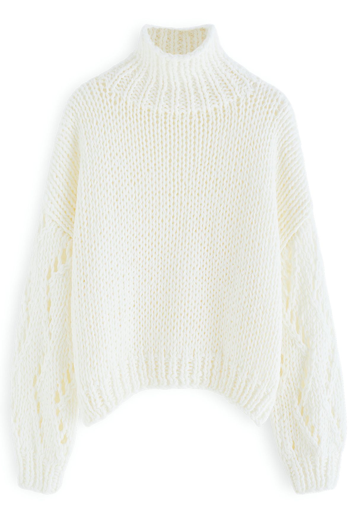 Pointelle Sleeve High Neck Hand-Knit Sweater in White