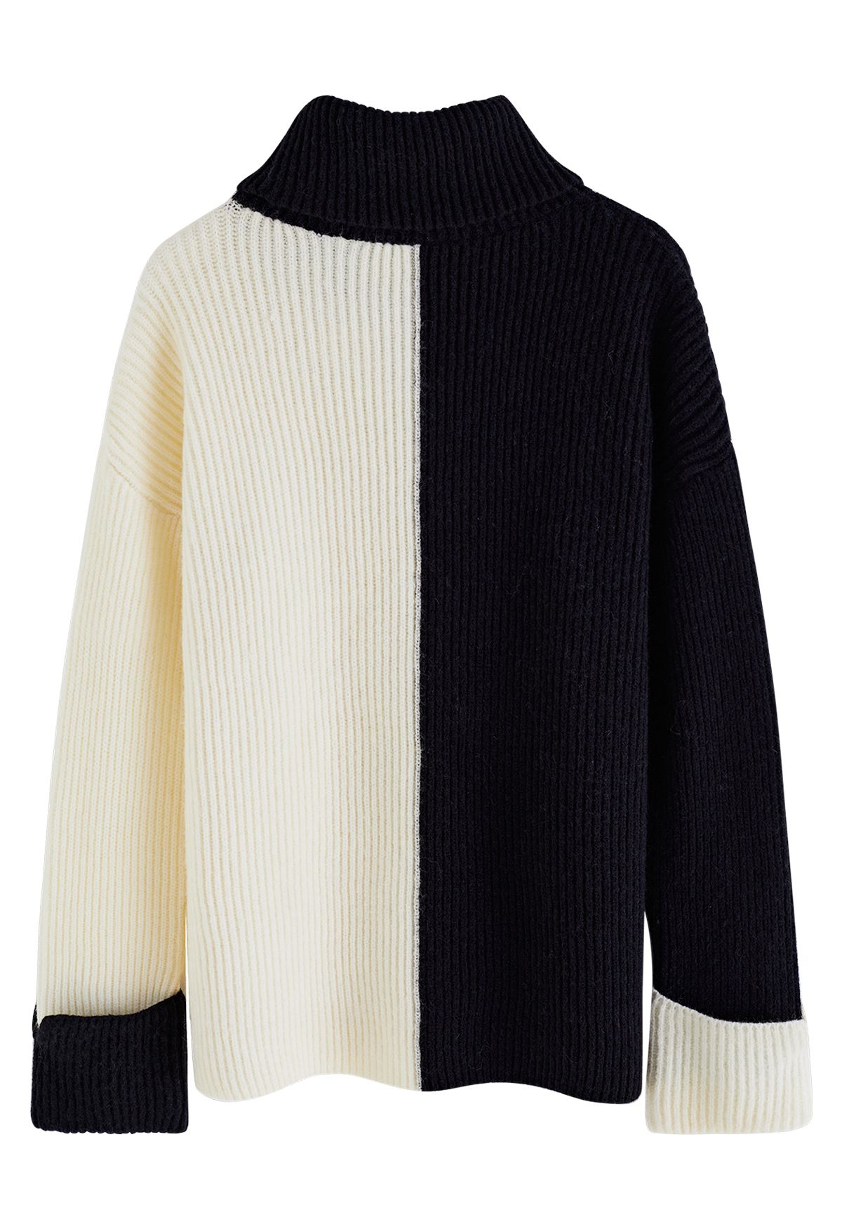Turtleneck Two-Tone Turnback-Cuff Chunky Knit Sweater - Retro, Indie ...