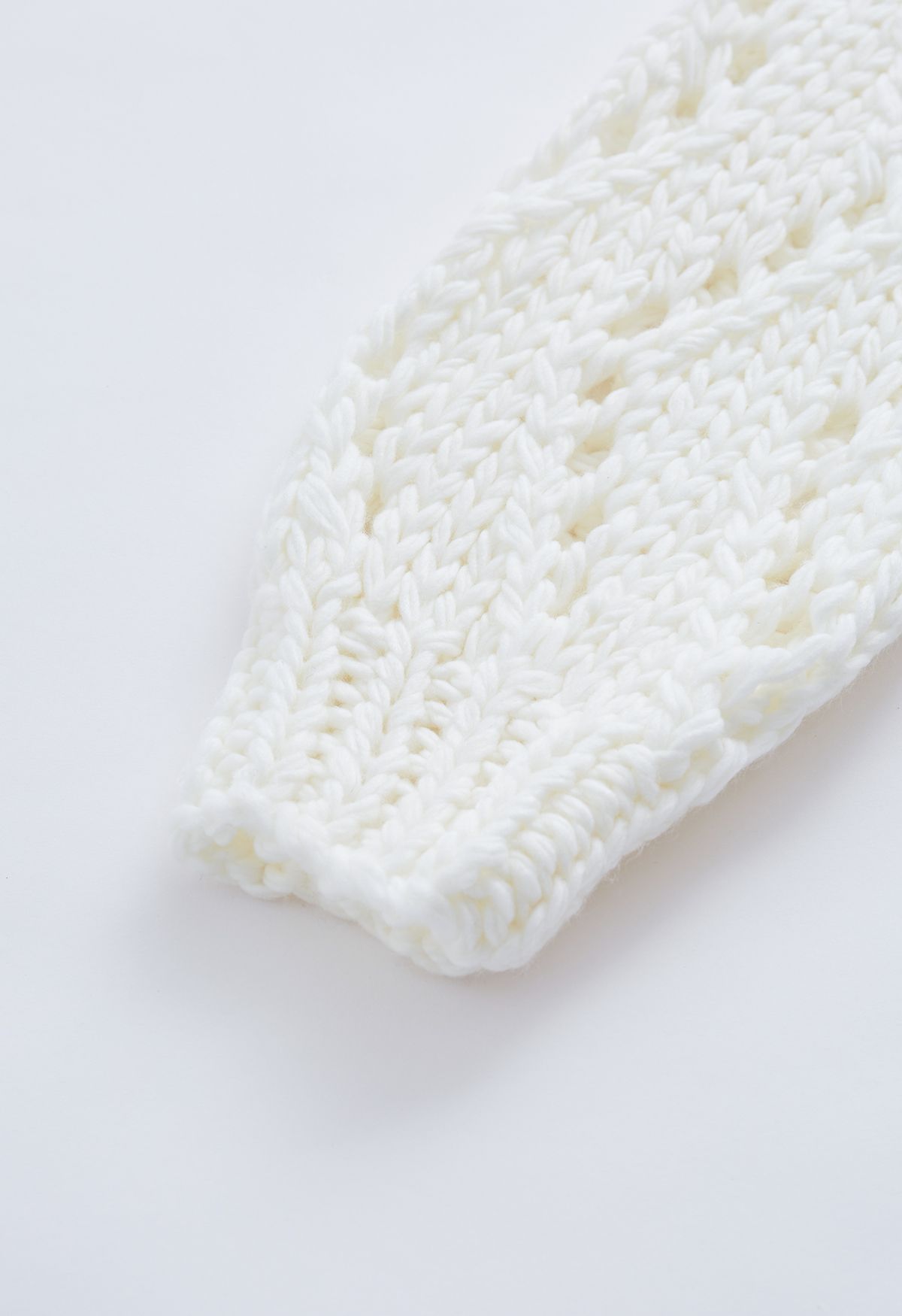 Pointelle Sleeve High Neck Hand-Knit Sweater in White