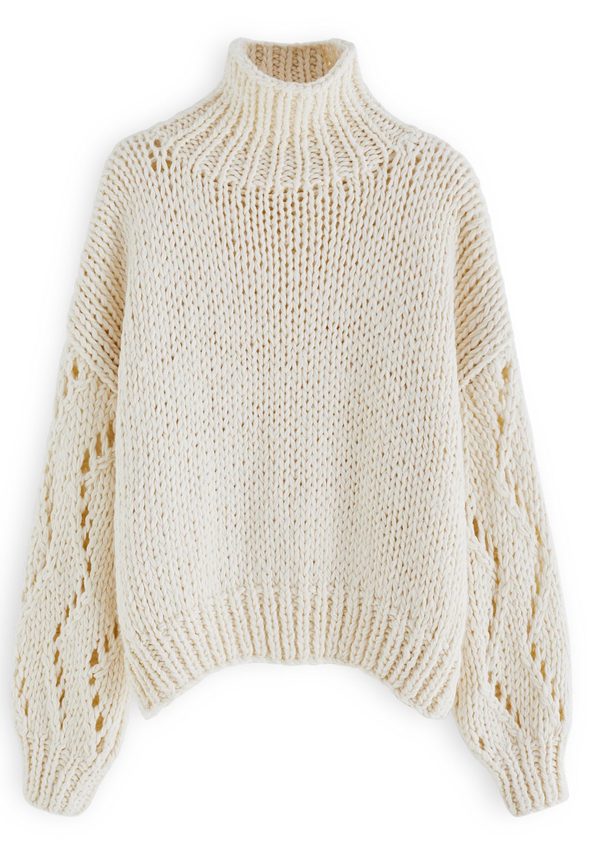 Pointelle Sleeve High Neck Hand-Knit Sweater in Cream - Retro, Indie ...