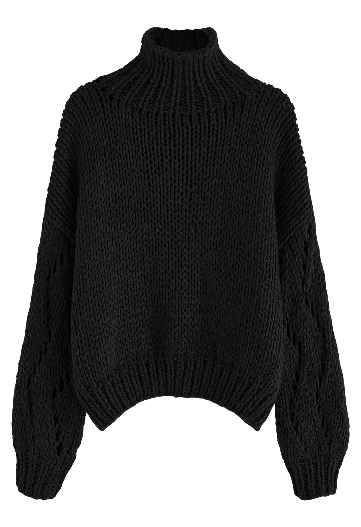 Pointelle Sleeve High Neck Hand-Knit Sweater in Black - Retro, Indie ...