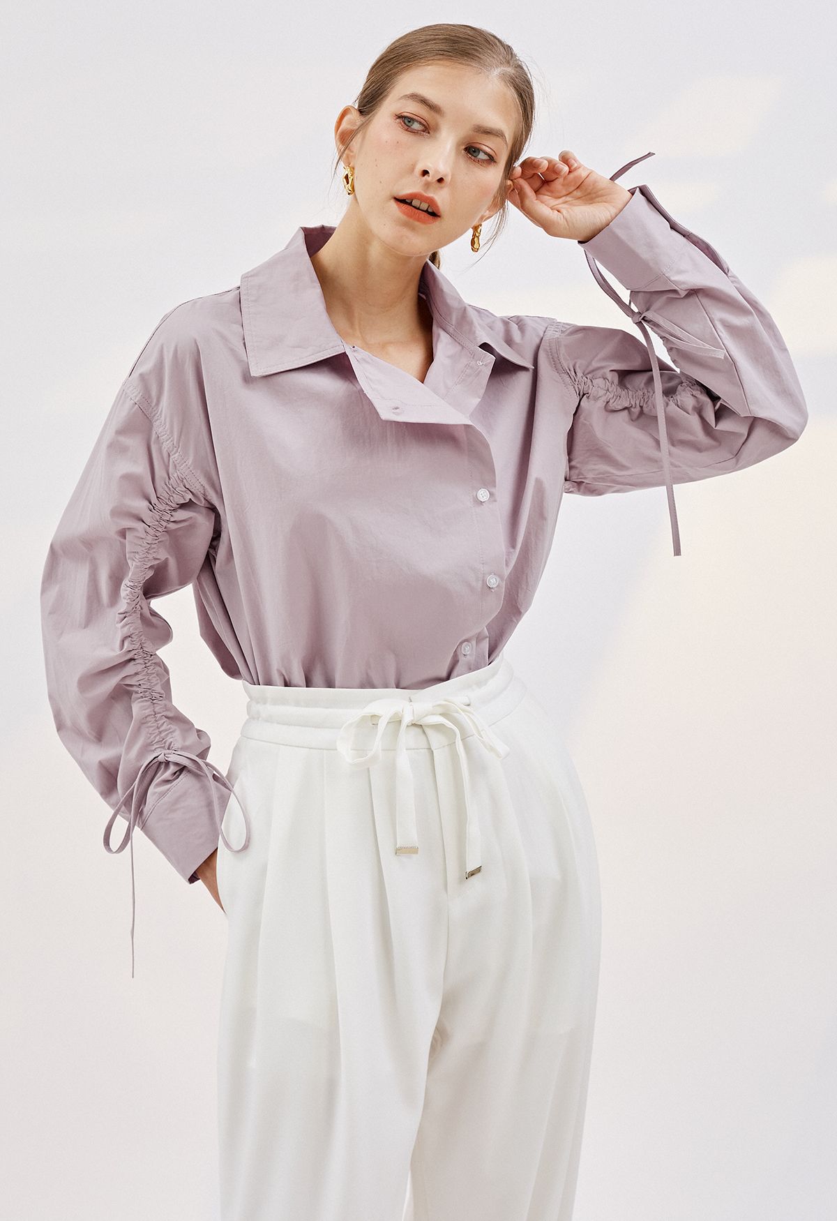 Drawstring Sleeves Button Down Cotton Shirt in Dusty pink - Retro, Indie  and Unique Fashion