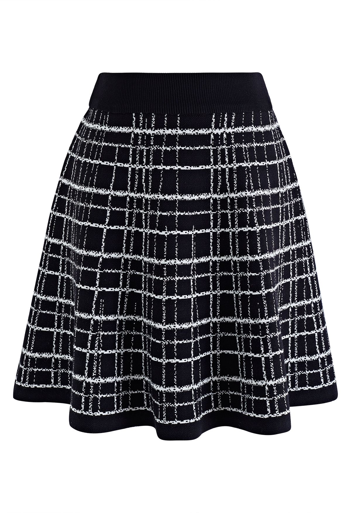 Grid Contrast Collar Knit Top and Skater Skirt Set
