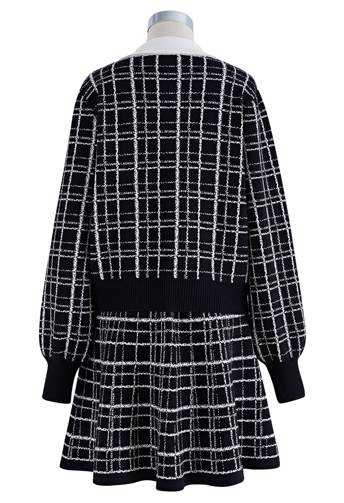 Grid Contrast Collar Knit Top and Skater Skirt Set