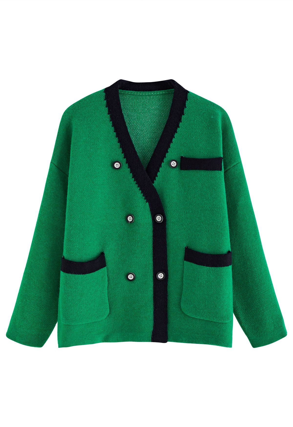 Double-Breasted Contrast Color Cardigan in Green - Retro, Indie and ...