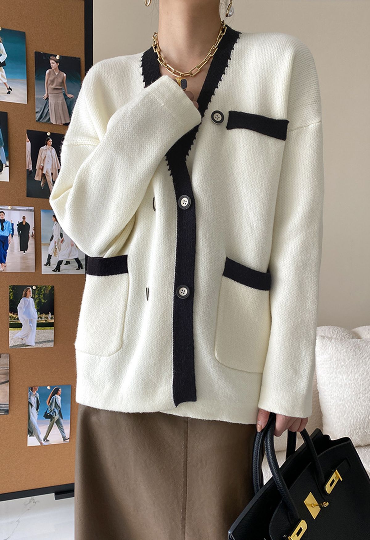 Double-Breasted Contrast Color Cardigan in Ivory - Retro, Indie and Unique  Fashion