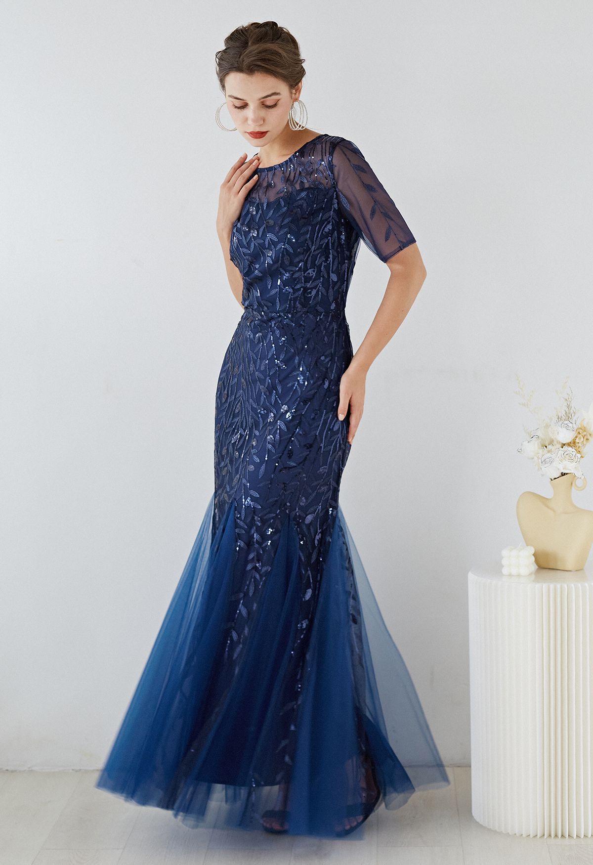 Leaves Branch Sequined Mesh Panelled Gown in Navy
