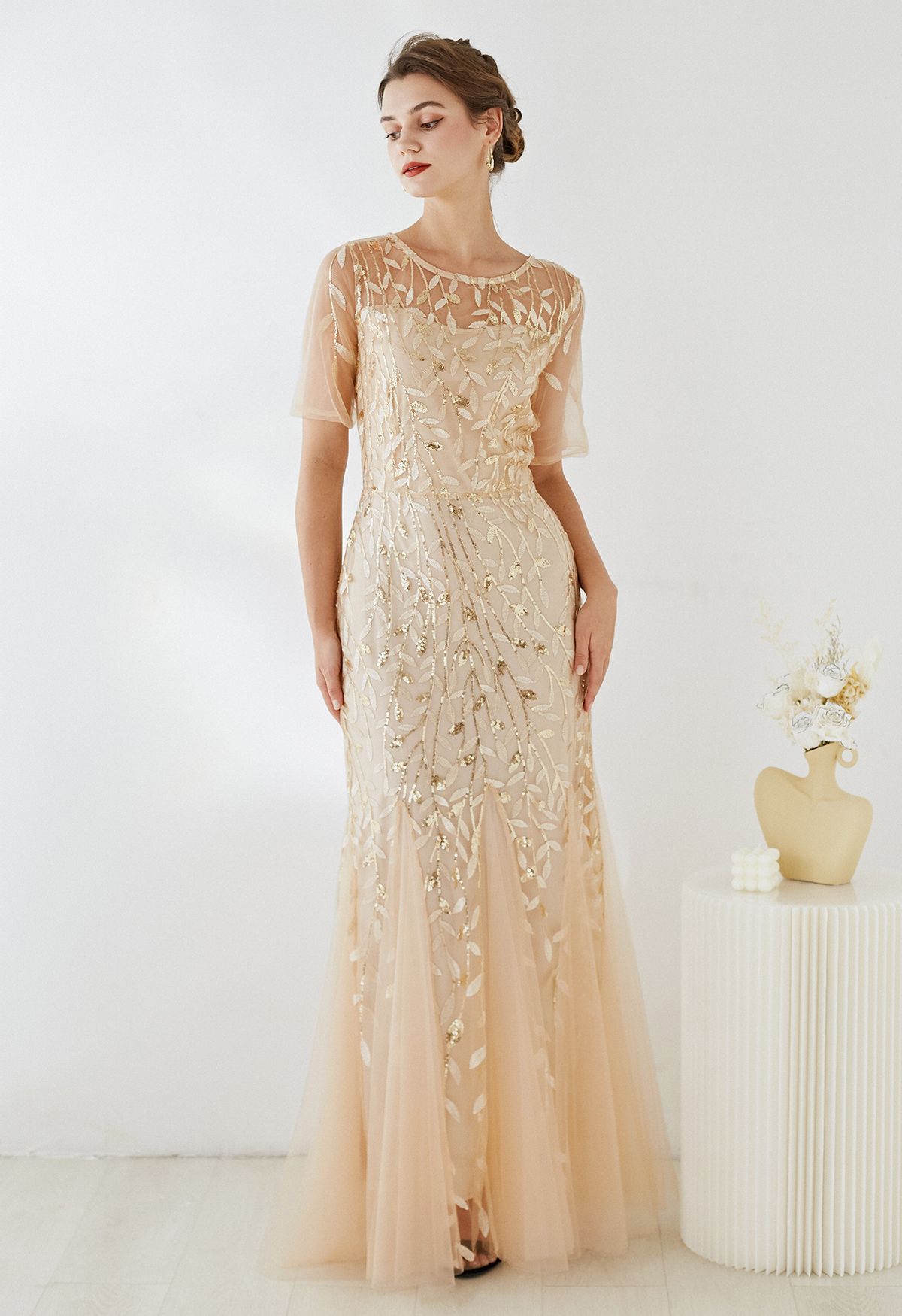 Leaves Branch Sequined Mesh Panelled Gown in Apricot