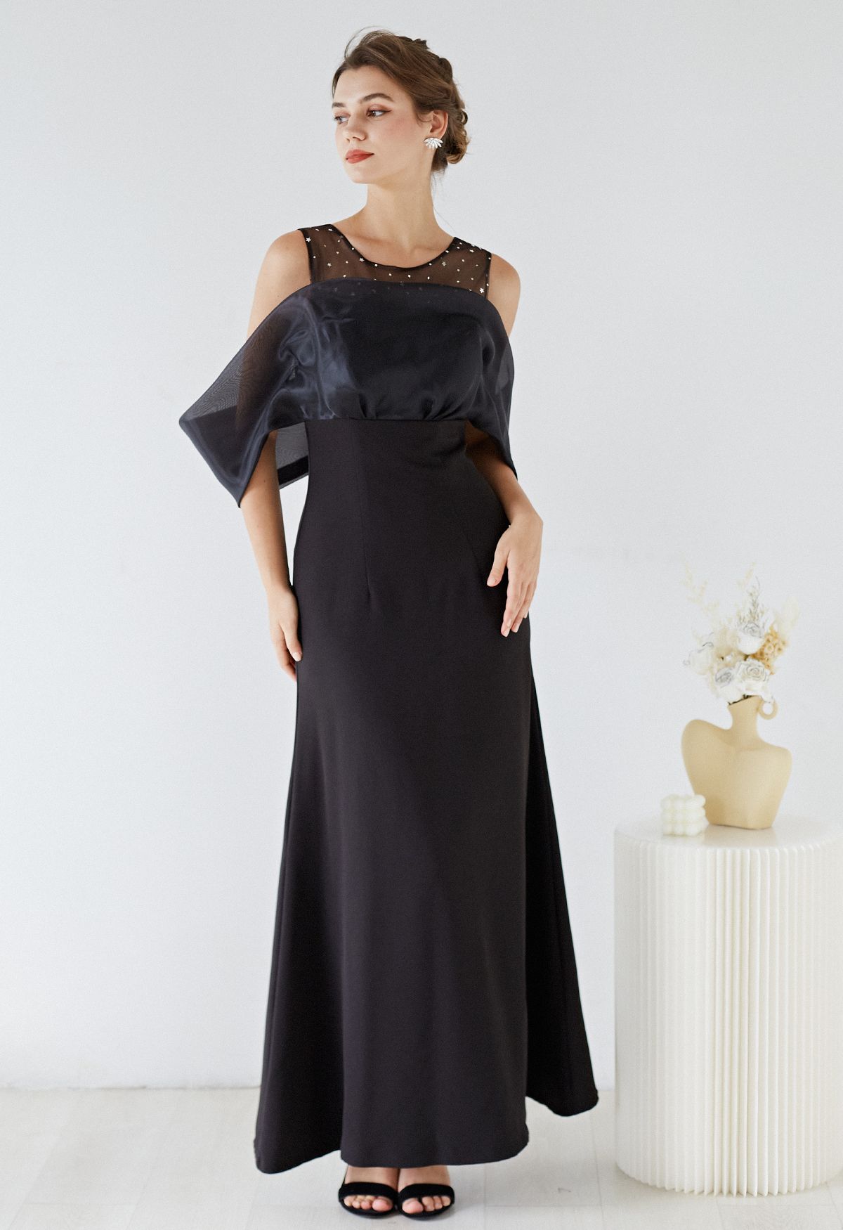 Spliced Organza Cold-Shoulder Gown in Black