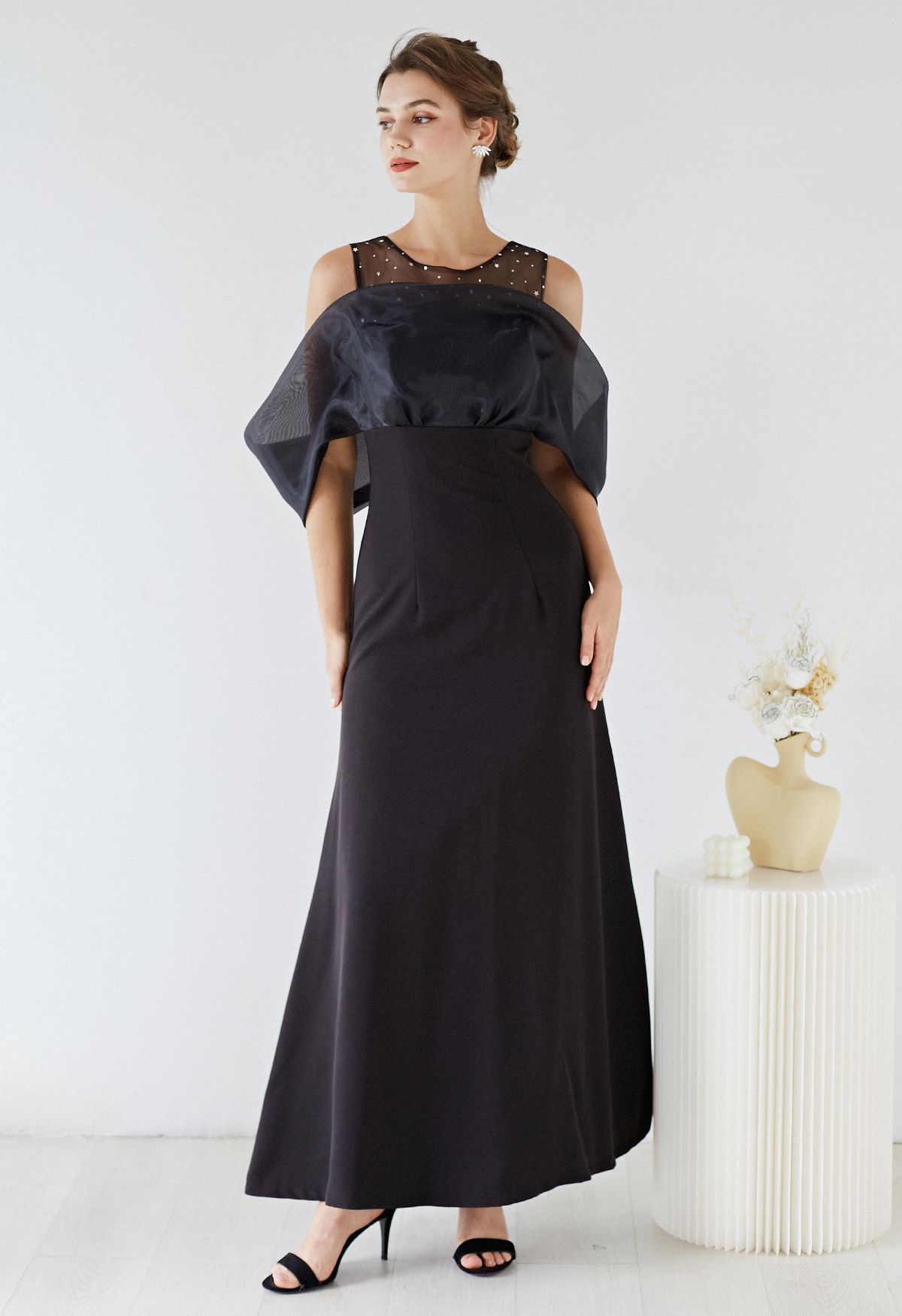 Spliced Organza Cold-Shoulder Gown in Black
